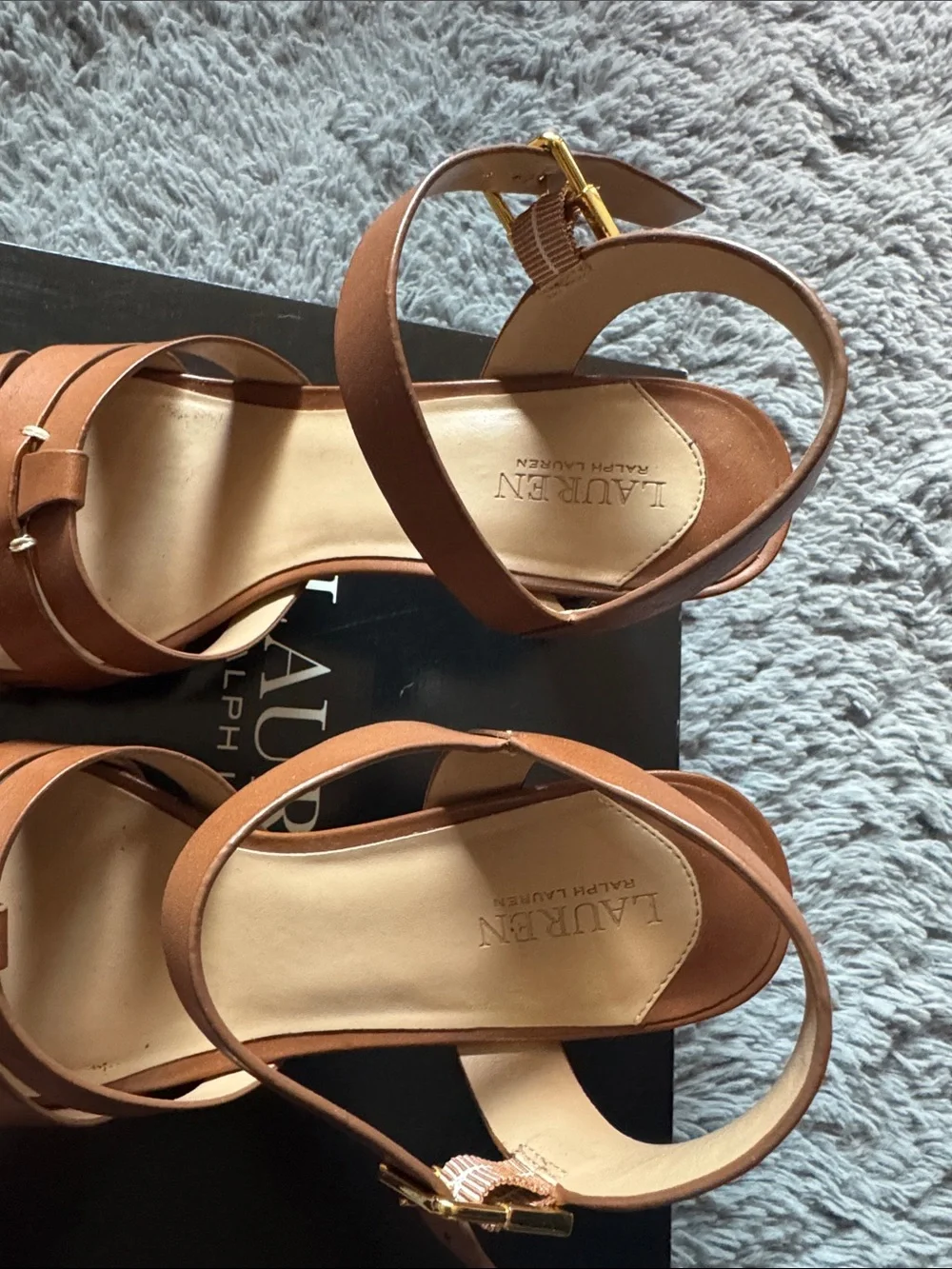Lauren Ralph Lauren Soffia Tan Leather Strappy Block Heel Sandals Size 9